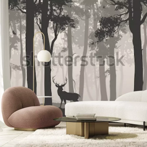 Sticker  Horizontal seamless background with deciduous forest, birds and deer. Vector illustration