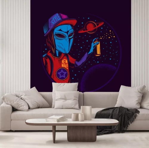 Sticker  Original vector illustration in vintage neon style. An alien in a cap draws graffiti on the background of space and planets. T-shirt design