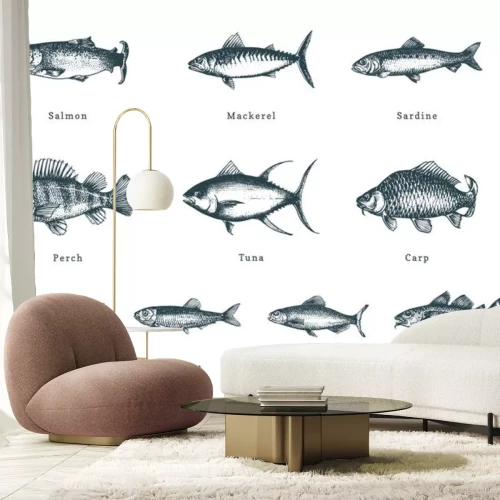 Sticker  Illustration of fishes on white background. Drawn seafood set in engraving style. Sketches collection in vector.