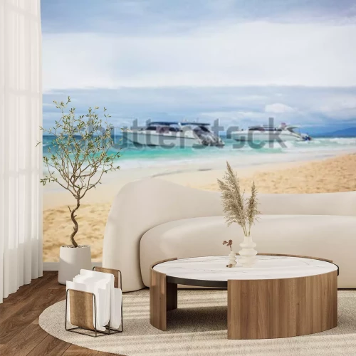 Papier peint  The cruise boats on the beach. The cruise boats parked near the sandy shore. Horizontal outdoors shot. 