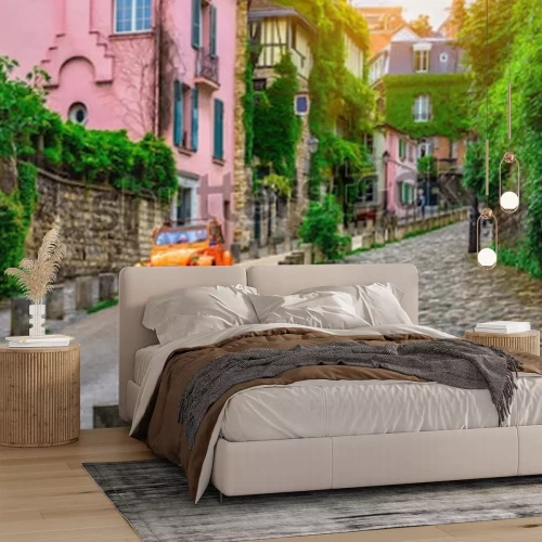 Papier peint  View of old street in quarter Montmartre in Paris, France. Cozy cityscape of Paris. Architecture and landmarks of Paris. 