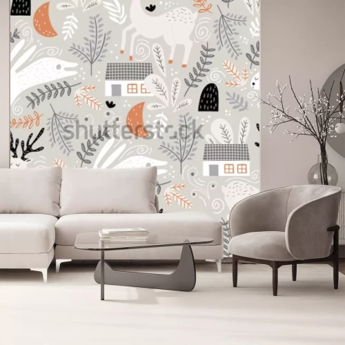 Sticker  Seamless woodland pattern with deer, bunny and forest house. Creative kids for fabric, wrapping, textile, wallpaper, apparel. Vector illustration