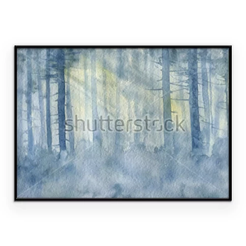 Poster  Un paysage forestier peint à l'aquarelle, où les rayons du soleil filtrent à travers les arbres.