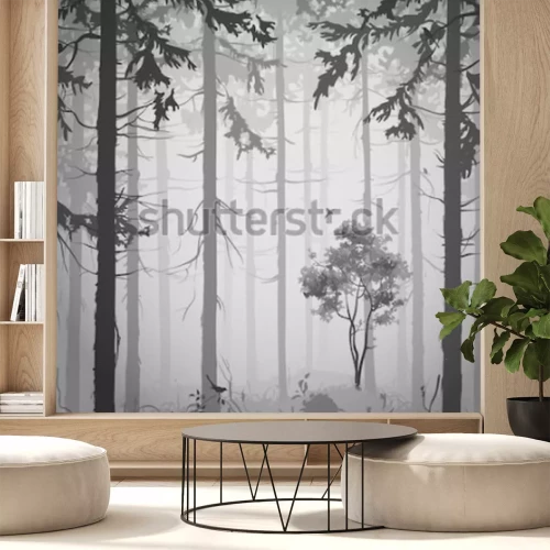 Sticker  forest air landscape with birds, black and white, vector illustration