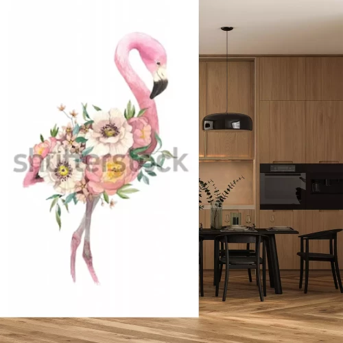 Sticker  Watercolor bouquet with tropical bird, eucaliptus, peony and anemone, flamingo. High detailed hand drawing illustration