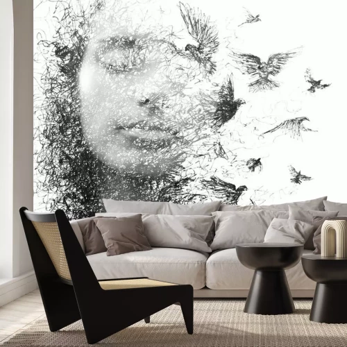 Papier peint  Paintography. Double Exposure portrait of an elegant woman with closed eyes combined with hand made pencil drawing of a flock of birds flying freely resembling disintegrating particles of her being