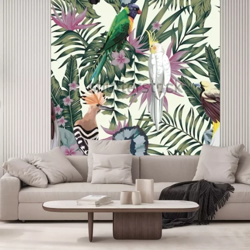 Sticker  Tropical birds parrot hoopoe, exotic jungle plants leaves flowers abstract pastel color seamless white background