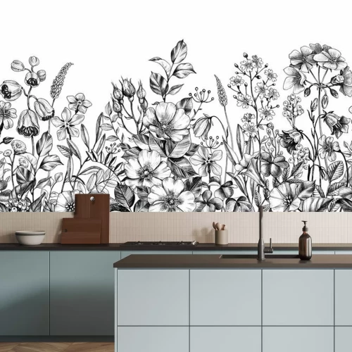 Papier peint  Dessin noir et blanc de fleurs sauvages