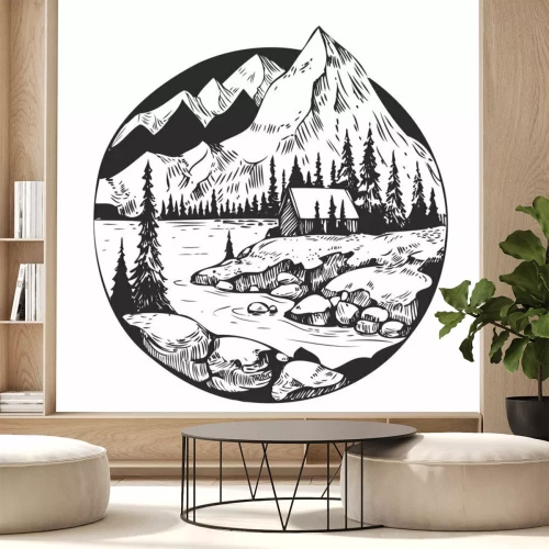 Sticker  Wild natural landscape with mountains, lake, pines, rocks. Hand drawn illustration converted to vector.