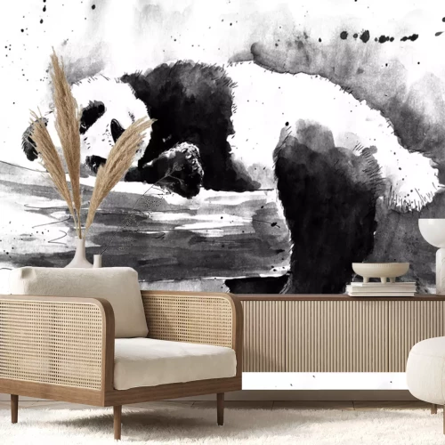Papier peint  Panda sur une branche motif noir et blanc