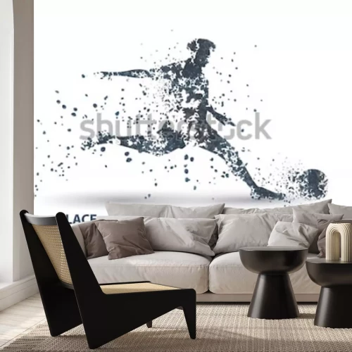 Sticker  Football player, kick a ball, particle divergent composition, vector illustration