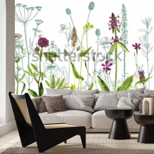 Sticker  watercolor drawing wild plants with flowers,buds and leaves, painted botanical illustration in vintage style, color floral template, hand drawn natural background