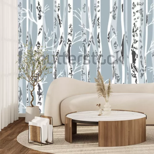 Sticker  Birch grove in autumn. Seamless vector pattern with trees and birds. Retro textile collection.