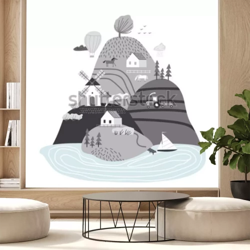 Sticker  Scandinavian landscape. Hand drawn vector abstract scandinavian graphic illustration with houses, trees and hills. Cute landscape.