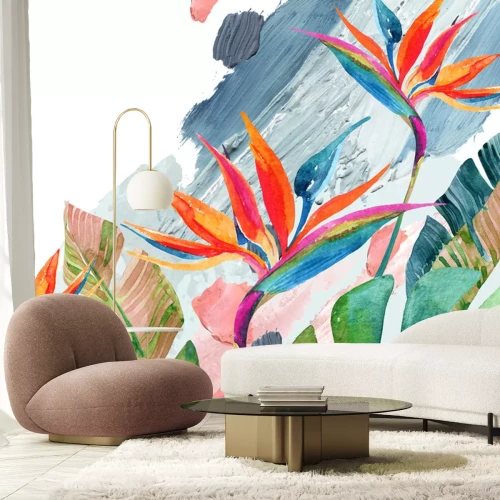 Sticker  Feuilles tropicales à l'aquarelle et strelitzias en fleurs sur un fond abstrait