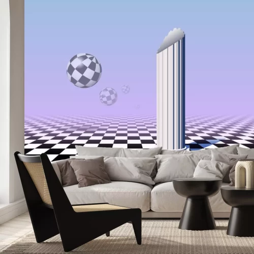 Sticker  Black and white balls flying over checkered floor with column, pink and blue gradient background in vaporwave aesthetic