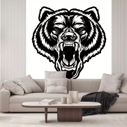 Sticker  Angry bear face vector illustration. Furious angry face of bear with open mouth and terrible teeth as symbol of strength and aggressiveness. Grunge style  print for sport wear.