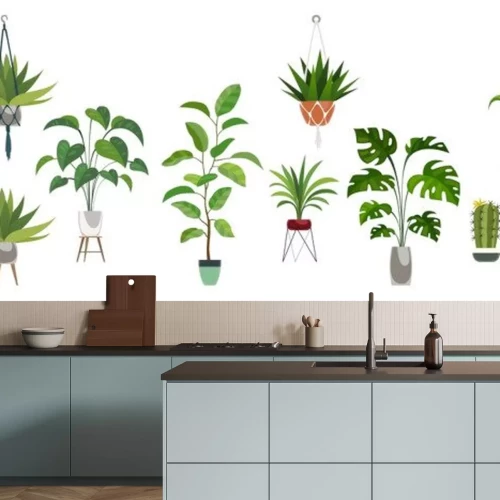 Sticker  Pot plant set. Plants plastic decorative container and hanging styling indoor basket for potting tree vector collection