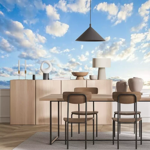 Papier peint  Blue sky clouds background. Beautiful landscape with clouds and orange sun on sky