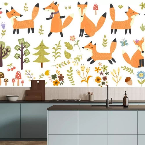 Sticker  Big set of cute foxes, trees and plants. Forest elements collection
