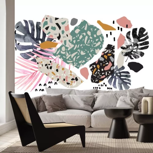Sticker  Tropical watercolor leaves, turned edge geometric shapes, terrazzo flooring elements collage
