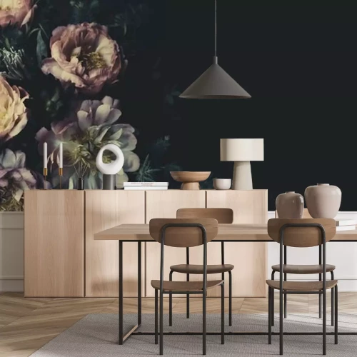 Papier peint  Vintage bouquet of beautiful peonies on black. Floristic decoration. Floral background. Baroque old fashiones style. Natural flowers pattern wallpaper or greeting card