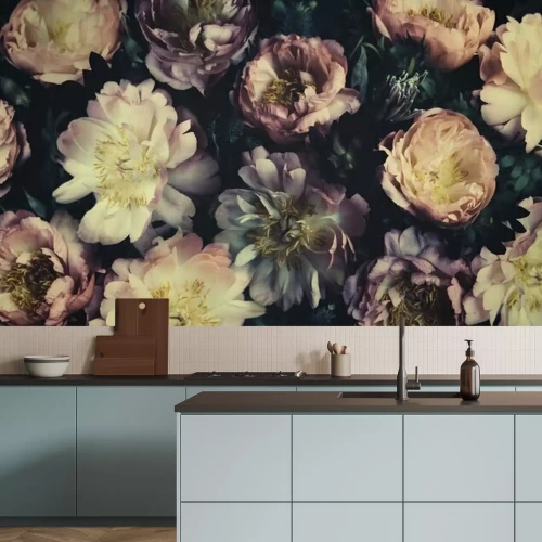 Papier peint  Vintage bouquet of beautiful peonies on black. Floristic decoration. Floral background. Baroque old fashiones style. Natural flowers pattern wallpaper or greeting card