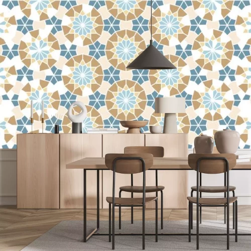 Sticker  Islamic mosaic vector seamless pattern. Geometric halftone texture with color tile disintegration or breaking