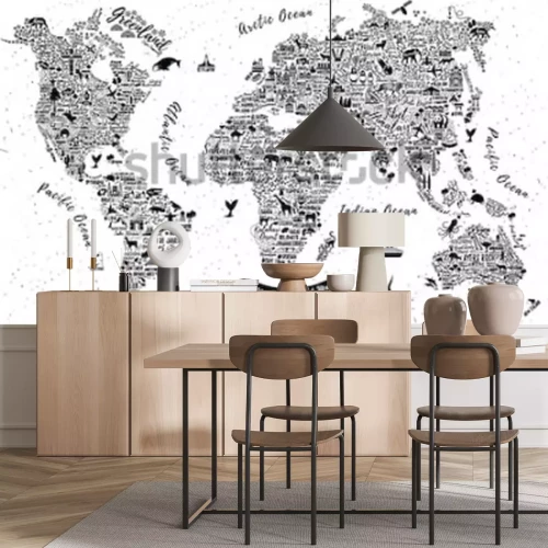 Sticker  Typography World Map. Travel  Poster with cities and sightseeing attractions. Inspirational Vector Illustration.