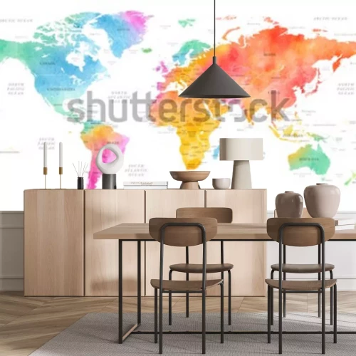 Sticker  High detailed Multicolor Watercolor World Map Illustration with borders, oceans and countries on white Background, Side View.