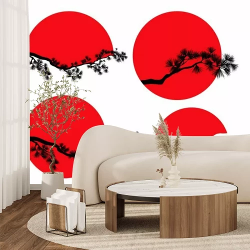 Sticker  long pine tree branches against red sun disk - traditional japanese nature vector silhouette design