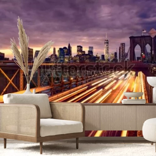 Papier peint  Night car traffic on Brooklyn Bridge in New York City