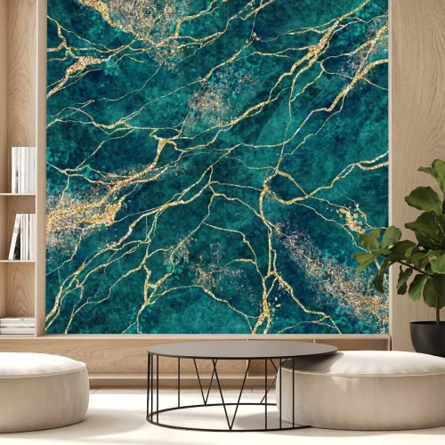 Papier peint  Cheveux jaunes sur du marbre vert