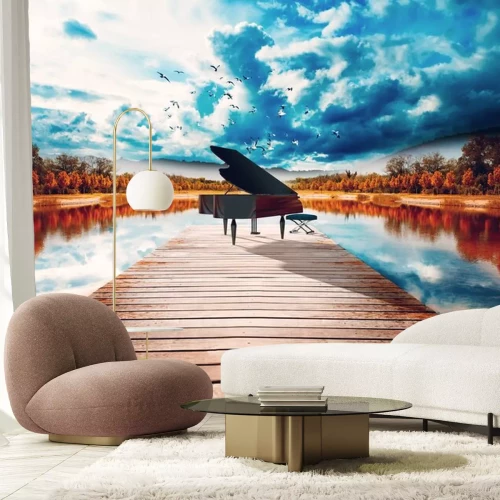 Sticker  Piano en la naturaleza.Paisaje surreal de arboles y lago.Concepto de música relajada y tranquila de piano