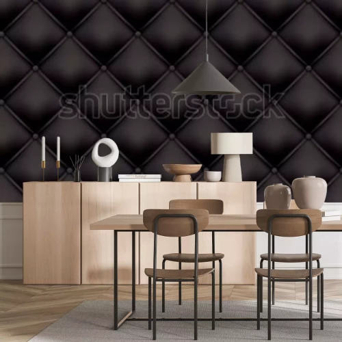 Sticker  Black leather upholstery pattern texture background. Vector vintage royal sofa leather upholstery with buttons seamless pattern