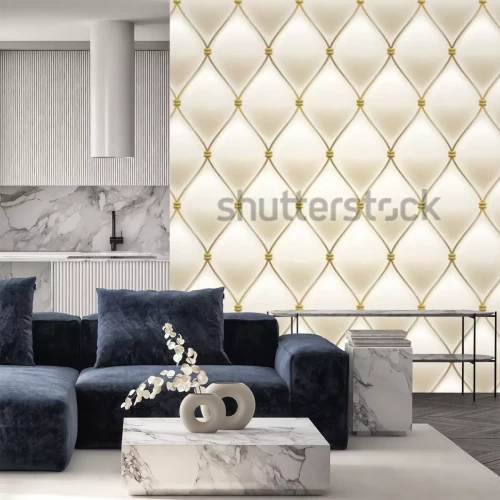 Sticker  Quilted seamless pattern. Cream color. Golden metallic stitching on textile.
