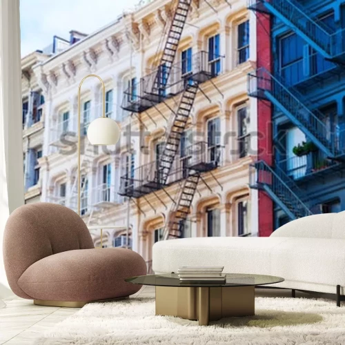 Papier peint  Old residential buildings with fire escape stairs in Soho, New York City