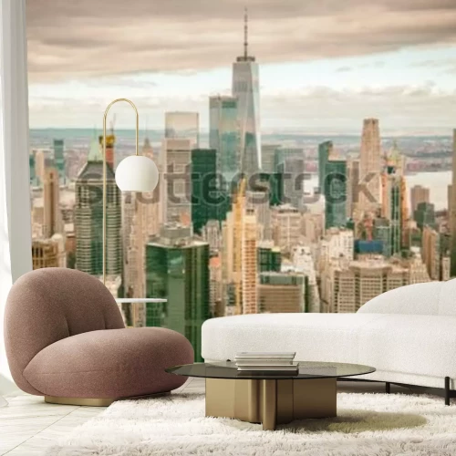 Papier peint  Helicopter view of Downtown Manhattan skyscrapers, New York City.