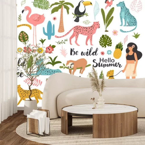 Sticker  Tropical exotic set with leaf, leopards, parrot, toucan, palm tree and quotes. Wild animals and birds. Summer vector illustration.