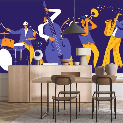 Sticker  Jazz quartet. Musicians with abstract music wave on dark blue background.