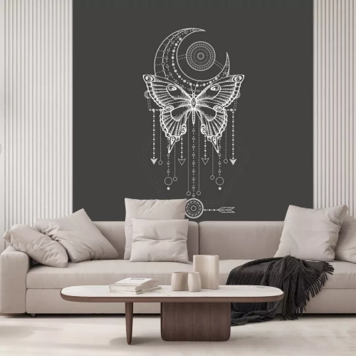 Sticker  Vector illustration with hand drawn butterfly and Sacred geometric symbol on black background. Abstract mystic sign.