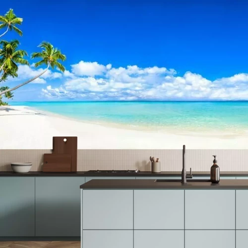 Papier peint  Beautiful tropical island with palm trees and beach panorama as background image