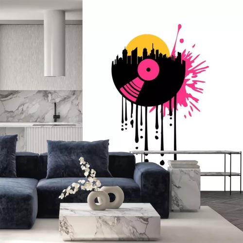 Sticker  tropfen graffiti spritzer sonne club vinyl stadt city silhouette wolkenkratzer hochhäuser großstadt musik party auflegen platte spielen tanzen disko mischpult cool logo design dj discjockey