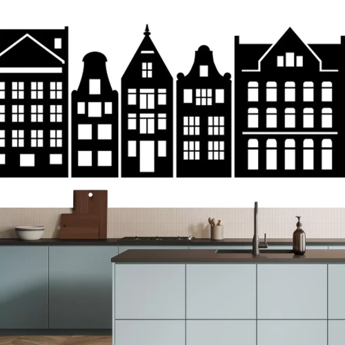 Sticker  Set of Amsterdam style houses. Laser cut silhouette. Stylized facades of dutch buildings in old European fashion. Wood carving vector template. Urban landscape in black and white. Paper cut, die cut.