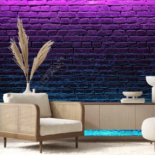 Papier peint  Modern futuristic neon lights on old grunge brick wall room background. 3d rendering
