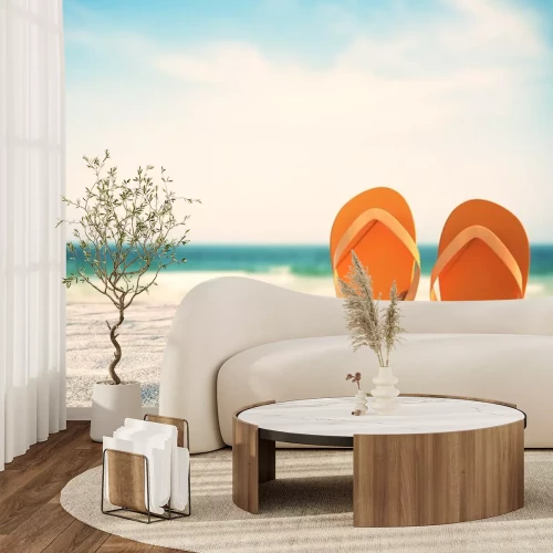 Sticker  Orange flip flops on beach
