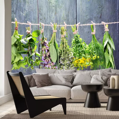 Papier peint  Bouquets d'herbes sur fond de bois