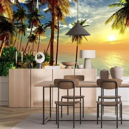Papier peint  Plage de palmiers et coucher de soleil