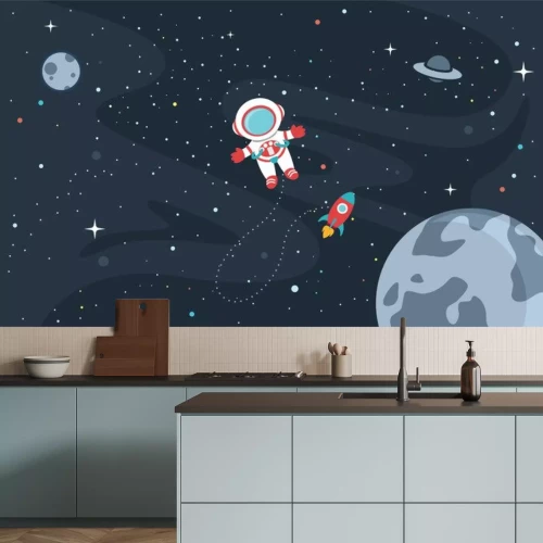 Sticker  Planète lune astronaute et vaisseau spatial