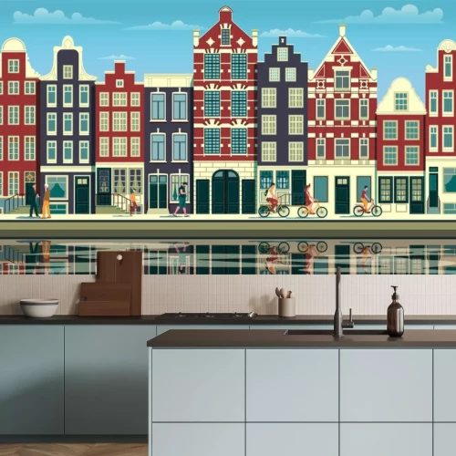 Sticker  A street in Amsterdam with traditional buildings, walking people and reflections in the water